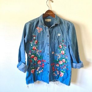 Madewell Raw Hem Embroidered Denim Button Down